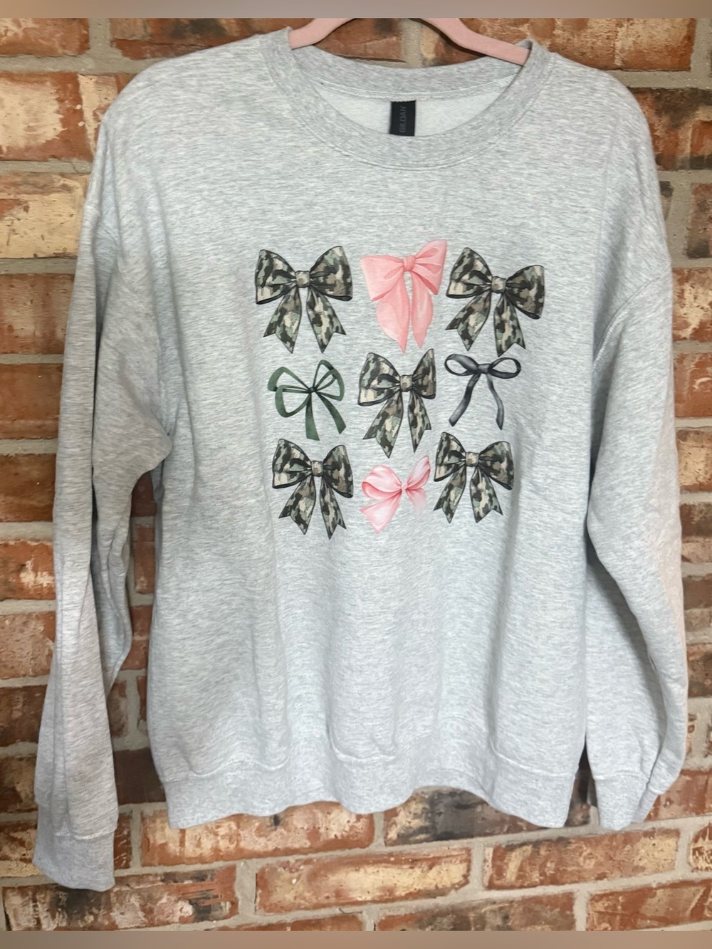 Gildan Heather Gray Crewneck Sweatshirt with Pink, Green and Camo Bows